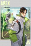  1boy apex_legends belt black_eyes black_hair copyright_name crypto_(apex_legends) cyborg drone from_side green_sleeves hack_(apex_legends) hands_in_pockets jacket logo looking_at_viewer male_focus passimo science_fiction solo_focus undercut v-shaped_eyebrows white_jacket 