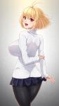  1girl :d antenna_hair arcueid_brunestud arm_behind_back ass back bangs black_legwear blonde_hair blue_skirt blush breasts cowboy_shot crossed_legs eyebrows_visible_through_hair from_behind gradient gradient_background highres holding_own_arm impossible_clothes impossible_sweater kemurin large_breasts looking_at_viewer looking_back miniskirt open_mouth pantyhose red_eyes shiny shiny_clothes shiny_legwear short_hair skirt slit_pupils smile solo standing sweater tsukihime tsukihime_(remake) turtleneck turtleneck_sweater white_sweater 