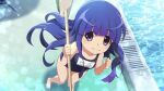 1girl 2020 arms_up artist_request barefoot blue_hair blue_swimsuit brush cleaning_brush clenched_hands duplicate feet foreshortening from_above furude_rika higurashi_no_naku_koro_ni long_hair looking_at_viewer looking_up official_art one-piece_swimsuit outdoors pool poolside school_swimsuit smile solo swimsuit toes violet_eyes water