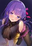  1girl arm_support bb_(fate) bb_(fate)_(all) black_legwear breasts clothing_cutout cosplay fate/extra fate/extra_ccc fate_(series) hair_ribbon highres large_breasts leaning_forward looking_at_viewer pantyhose parted_lips passionlip_(fate) passionlip_(fate)_(cosplay) purple_hair ribbon shoulder_cutout violet_eyes vivi_(eve_no_hakoniwa) 