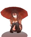  1girl absurdres antenna_hair bakemonogatari braid brown_hair guard_hono hanekawa_tsubasa highres long_hair long_sleeves looking_at_viewer monogatari_(series) naoetsu_high_school_uniform pantyhose red_eyes red_umbrella school_uniform skirt smile solo thigh-highs umbrella 