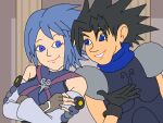  1boy 1girl aqua_(kingdom_hearts) armor bare_shoulders black_hair blue_eyes blue_hair commentary crisis_core_final_fantasy_vii crossed_arms english_commentary eye_contact eyelashes final_fantasy final_fantasy_vii gloves ian_dimas_de_almeida kingdom_hearts kingdom_hearts_birth_by_sleep link:_the_faces_of_evil looking_at_another nail_polish parody parted_lips pillar smile spiky_hair style_parody the_legend_of_zelda_(cd-i) younger zack_fair 