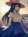  1girl :d absurdres bare_shoulders black_hair blue_eyes blue_skirt blurry blurry_background breasts brown_headwear depth_of_field frilled_shirt frills hair_ornament hairclip hat highres horizon long_hair medium_breasts misaki_nonaka nijisanji ocean off-shoulder_shirt off_shoulder open_mouth outdoors profile shirt skirt smile solo straw_hat sunset tsukino_mito upper_teeth very_long_hair virtual_youtuber water white_shirt 