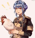  ! !! 1girl :d animal artist_name bangs bird black_jacket blue_hair braid chicken commentary crown_braid english_commentary eyebrows_visible_through_hair fire_emblem fire_emblem:_three_houses garreg_mach_monastery_uniform grey_background grey_eyes holding holding_animal jacket long_sleeves looking_at_viewer marianne_von_edmund open_mouth short_hair_with_long_locks simple_background smile solo spyg twitter_username upper_body 