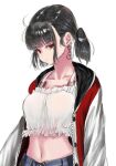  1girl bangs black_hair camisole earrings frills jacket jewelry medium_hair midriff navel norunollu original red_eyes shadow simple_background solo twintails upper_body white_background white_camisole white_jacket 