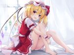  1girl :d barefoot blonde_hair crystal curtains flandre_scarlet hair_between_eyes hat legs long_hair mob_cap open_mouth puffy_short_sleeves puffy_sleeves red_eyes red_skirt ruhika short_hair short_sleeves side_ponytail skirt smile solo touhou window wings wrist_cuffs 