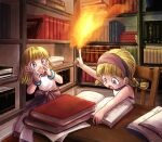  2girls arm_up bangs blonde_hair blunt_bangs book bookshelf bracelet braid child desk dragon_quest dragon_quest_xi dress fire hairband hands_up highres indoors jewelry magic multiple_girls open_mouth reading senya_(dq11) short_hair short_twintails sitting sleeveless sleeveless_dress surprised texture twin_braids twintails veronica_(dq11) violet_eyes younger 