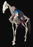  1boy animal_skull bandages black_background blonde_hair blood blood_on_face bloody_bandages cloak closed_eyes creature earrings full_body highres horse horse_tail horseback_riding jewelry kaninn link long_hair looking_at_another lying multicolored multicolored_eyes on_stomach pointy_ears reins ribs riding ringed_eyes simple_background skeleton skeleton_horse skull sleeping stalhorse tail teeth the_legend_of_zelda the_legend_of_zelda:_breath_of_the_wild tunic 