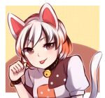  1girl :p animal_ears bell bracelet brown_eyes cat_ears cat_girl cat_tail english_commentary jewelry looking_at_viewer maneki-neko multicolored_hair neck_bell paw_pose short_hair slit_pupils solo speckticuls tail tongue tongue_out touhou unconnected_marketeers 