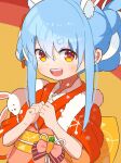  1girl animal_ear_fluff animal_ears bangs blue_hair blush bunny-shaped_pupils commentary_request don-chan_(usada_pekora) eyebrows_visible_through_hair hair_between_eyes hair_ornament hands_together hands_up highres hololive japanese_clothes kimono long_hair looking_at_viewer multicolored_hair open_mouth rabbit_ears sash short_eyebrows short_sleeves sidelocks smile teeth tongue two-tone_hair usada_pekora virtual_youtuber white_hair yuki_yukki12 