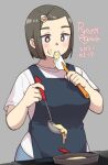  1girl 2021 agawa_ryou apron blue_apron breasts brown_eyes brown_hair commentary dated denim english_commentary grey_background hair_ornament jeans looking_down original pants shirt short_hair simple_background solo spatula white_shirt 