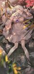  1girl absurdres blurry blurry_foreground boots branch dress flower full_body grey_dress grey_footwear grey_hair hand_up highres hirose_(10011) holding huge_filesize leaf long_hair long_sleeves lying on_back original parted_lips pink_flower plant solo violet_eyes 