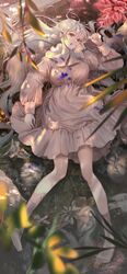  1girl absurdres blurry blurry_foreground boots branch dress flower full_body grey_dress grey_footwear grey_hair hand_up highres hirose_(10011) holding huge_filesize leaf long_hair long_sleeves lying on_back original parted_lips pink_flower plant solo violet_eyes 