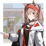  1girl ^^^ absurdres angelina_(arknights) animal_ears arknights bag bangs black_choker blush chichi_guai choker closed_mouth day eyebrows_visible_through_hair fox_ears hairband highres holding jacket long_sleeves looking_at_viewer notice_lines open_clothes open_jacket outdoors red_eyes red_hairband short_hair short_twintails shoulder_bag solo twintails two-tone_hairband upper_body white_jacket 