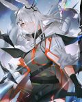  1girl 3o_c animal_ears arknights black_gloves frostnova_(arknights) gloves grey_eyes hair_over_one_eye highres holding holding_weapon jacket long_hair looking_at_viewer rabbit_ears scar scar_on_face shirt silver_hair solo weapon 