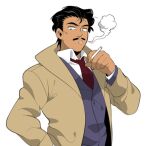  1boy black_hair brown_coat cigarette coat collared_shirt cowboy_shot dark_skin dark_skinned_male facial_hair hand_in_pocket holding holding_cigarette jacket long_sleeves looking_at_viewer male_focus meitantei_conan moosopp mouri_kogoro mustache necktie open_clothes open_coat red_neckwear shirt short_hair simple_background smoke smoking solo symbol_commentary upper_body white_background white_shirt 