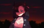  asymmetrical_bangs bangs black_choker black_hair black_jacket choker dress earrings green_eyes hair_ribbon jacket jewelry marnie_(pokemon) medium_hair mikia_harris one_eye_covered open_clothes open_jacket pink_dress pokemon pokemon_(game) pokemon_swsh ribbon sky tree twintails 