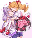  2girls ;d aisaki_emiru argyle argyle_legwear bangs blonde_hair blouse blunt_bangs blush bow carrying closed_eyes cowboy_shot dress eru gradient gradient_background hair_bow hair_bun hair_cones heart heart_print hugtto!_precure long_hair multiple_girls one_eye_closed open_mouth pantyhose pink_background pink_dress precure princess_carry print_dress purple_hair purple_shorts red_bow red_footwear ruru_amour shoes shorts smile twintails violet_eyes white_background white_blouse white_legwear 