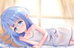  1girl bed blue_eyes blue_hair blush dress elf hair_ornament hairclip highres indoors jewelry kianata long_hair looking_at_viewer lying on_side original pendant pillow pointy_ears short_dress smile solo sundress white_dress window 