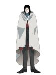  1boy bangs black_eyes black_hair black_pants blazer cloak crossed_arms fate_(series) formal grey_cloak hair_between_eyes hazu_(schiro000) highres jacket long_hair lord_el-melloi_ii lord_el-melloi_ii_case_files pants simple_background slacks solo suit waver_velvet white_background 