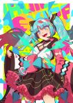  1girl black_skirt blue_eyes blue_hair gradient_hair hatsune_miku head_tilt headphones headset highres hooded_kimono japanese_clothes keenbiscuit kimono leaning_back looking_down multicolored_hair open_mouth pink_kimono redhead skirt sleeves_past_wrists solo vocaloid white_kimono wide_sleeves 