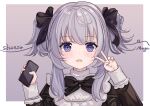  1girl absurdres alternate_hairstyle black_bow bow cellphone dress grey_hair hair_bow highres indie_virtual_youtuber long_hair long_sleeves looking_at_viewer moegala open_mouth phone shanoa_(vtuber) short_hair simple_background smartphone solo two_side_up violet_eyes virtual_youtuber 