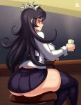  1girl absurdres ass bar black_hair black_legwear black_skirt breasts cup filia_(skullgirls) highres jmg large_breasts long_hair red_eyes samson_(skullgirls) school_uniform sharp_teeth shirt sitting skirt skullgirls solo stool teeth thigh-highs thighs white_shirt 