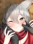  1girl animal_ears arknights blush cat_ears cheek_pinching cheek_pull eyebrows_visible_through_hair hands_up highres looking_at_viewer one_eye_closed pinching pov projekt_red_(arknights) short_hair silver_hair tears wince 