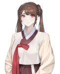  1girl bangs braid brown_hair expressionless highres long_hair long_sleeves looking_at_viewer norunollu original red_eyes red_ribbon ribbon simple_background solo twintails upper_body white_background 