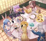  5girls animal_ear_fluff animal_ears artist_name blonde_hair bloop_(gawr_gura) blue_hair blush brown_hair bunny_tail cake cat_ears cat_girl cat_tail cup curled_horns dessert dog_ears dog_girl dog_tail food gawr_gura highres hololive horns inugami_korone multiple_girls nekomata_okayu on_chair pie purple_hair rabbit_ears rabbit_girl sayuui sheep_horns silver_hair sitting table tail teacup teapot tiered_tray tsunomaki_watame twitter_username usada_pekora 