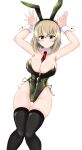  1girl absurdres aikir_(jml5160) alternate_costume animal_ears bangs between_breasts black_legwear blonde_hair blue_eyes bob_cut breasts detached_collar fake_animal_ears girls_und_panzer green_hairband green_leotard hairband highleg highleg_leotard highres katyusha_(girls_und_panzer) large_breasts leotard necktie necktie_between_breasts playboy_bunny rabbit_ears red_neckwear short_hair side-tie_leotard solo strapless strapless_leotard thigh-highs wrist_cuffs 