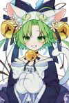  1girl ahoge animal_ear_fluff animal_ears animal_hat apron bangs bare_shoulders bell beul blue_bow blue_kimono blue_neckwear bow bowtie cat_ears cat_hat cat_paws choker close-up dejiko di_gi_charat flower_ornament green_eyes green_hair grin hair_bell hair_ornament hands_together hat highres japanese_clothes jingle_bell kimono long_sleeves loose_clothes neck_bell parted_bangs paws ribbon_choker short_hair simple_background smile solo teeth upper_body white_background white_neckwear 