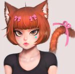  1girl animal_ears black_shirt blush bow cat_ears cat_girl freckles hair_bow lips looking_at_viewer orange_eyes orange_hair original pink_bow randy_(awesomevillage) shirt solo tail tail_bow tail_ornament upper_body 