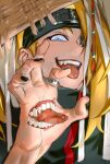  black_headband black_nails blonde_hair blue_eyes character_request commentary_request copyright_request eyelashes hand_mouth hand_up headband highres jewelry keki_chogyegi korean_commentary long_hair looking_at_viewer nail_polish open_mouth ring teeth tongue tongue_out 