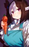  1girl :t animal_ears blue_overalls blush bob_cut braid breasts brown_hair carrot drop_shadow fingernails food food_bite french_braid highres holding holding_carrot holding_food holding_vegetable horse_ears large_breasts long_sleeves looking_at_viewer multicolored_hair pink_hair ryusei_hashida shirt solo special_week streaked_hair two-tone_hair umamusume vegetable violet_eyes white_shirt 