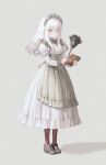  1girl albino alternate_costume apron bangs black_apron black_footwear book closed_mouth dress enmaided eotyq58d6do16cs feather_duster fire_emblem fire_emblem:_three_houses frilled_apron frilled_sleeves frills full_body grey_background holding holding_book juliet_sleeves long_hair long_sleeves looking_at_viewer lysithea_von_ordelia maid maid_headdress pink_eyes puffy_sleeves red_legwear sidelocks silver_hair simple_background solo standing white_dress 