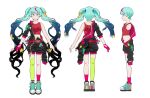  alternate_costume bangs black_hair black_jumpsuit blue_hair character_sheet crescent crescent_hair_ornament from_behind from_side gloves gradient_hair hair_behind_ear hair_ornament hatsune_miku jumpsuit keenbiscuit multicolored_hair off_shoulder open_hands pink_gloves planet_hair_ornament red_tank_top shoes single_glove single_thighhigh smile sneakers star_(sky) tank_top thigh-highs twintails vocaloid white_background 