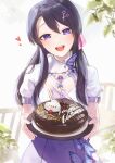  1girl :d amethyst_(gemstone) asymmetrical_bangs bangs bead_necklace beads black_hair blush breasts cake chocolate_cake cleavage_cutout clothing_cutout commentary_request day eyebrows_visible_through_hair food hair_ribbon highres holding holding_plate hu_kotora jewelry leaf long_hair looking_at_viewer medium_breasts necklace open_mouth original pink_nails pink_ribbon plate purple_skirt ribbon scarf shirt short_sleeves signature skirt smile solo teeth upper_teeth valentine violet_eyes white_scarf white_shirt 