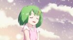  1girl ahoge child closed_eyes game_cg green_hair hair_ornament hairclip macross macross_frontier music official_art ranka_lee short_hair singing smile solo uta_macross_sumaho_deculture younger 