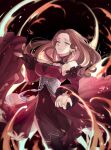 1girl 23@5 breasts brown_hair corset detached_sleeves dorothea_arnault dress earrings fire_emblem fire_emblem:_three_houses green_eyes highres jewelry large_breasts long_hair looking_at_viewer red_dress tagme tearing_up 