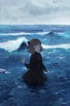  1girl black_dress brown_hair dress grey_sky highres horizon long_sleeves looking_at_viewer nanaju_ko original partially_submerged short_hair solo upper_body water waves yellow_eyes 