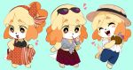  1girl :d alternate_costume alternate_hairstyle animal_crossing bangs black_shirt blonde_hair bow cocktail_glass cup denim dog_girl dress drinking drinking_glass drinking_straw eyebrows_visible_through_hair eyewear_on_head food furry glass hair_bow happy hat heart heart_necklace holding isabelle_(animal_crossing) jeans long_skirt moosopp multiple_views open_mouth orange_bow orange_skirt pants polka_dot_skirt red_skirt shirt shirt_tucked_in simple_background skirt smile striped striped_skirt sun_hat sunglasses upper_teeth white_shirt 