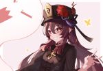  1girl absurdres black_headwear black_nails closed_eyes commentary_request fingers flower genshin_impact ghost hat highres hu_tao jewelry long_sleeves nail_polish open_mouth red_eyes red_flower revision ring skedli smile solo symbol-shaped_pupils teeth twintails 
