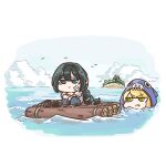  2girls animal_costume annoyed blonde_hair blue_eyes chibi closed_mouth clouds dimension_traveler_catherine forgemod1oader grand_admiral_marina green_eyes guardian_tales island multiple_girls multiple_views shark_costume water 