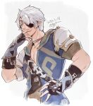  1boy belt cropped_torso dated eyepatch fingerless_gloves gloves hand_on_own_face jacket multiple_belts open_clothes open_jacket short_hair solo uyumizyunco xenoblade_chronicles_(series) xenoblade_chronicles_2 zeke_von_genbu_(xenoblade) 