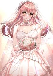  1girl bangs bare_shoulders blush bouquet breasts bridal_veil brown_eyes collarbone commentary_request commission dress eyebrows_visible_through_hair flower hair_between_eyes highres holding holding_bouquet idolmaster idolmaster_cinderella_girls jougasaki_mika long_hair looking_at_viewer medium_breasts parted_lips pink_flower pink_hair pink_rose rose see-through skeb_commission solo strapless strapless_dress sutoroa veil very_long_hair wedding_dress white_flower white_rose 