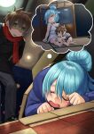  aqua_(konosuba) bandaid bandaid_on_cheek bangs bare_shoulders black_jacket black_shorts blue_hair blue_hoodie blush brown_hair buttons carton child closed_eyes collarbone double-breasted dreaming green_eyes grey_pants grey_shirt hair_between_eyes hair_bun highres hood hood_down hoodie izawa_koushi jacket kono_subarashii_sekai_ni_shukufuku_wo! long_hair lying night on_stomach open_mouth outdoors pants red_scarf satou_kazuma scarf shiny shiny_hair shirt short_hair shorts sky sleeping star_(sky) starry_sky tearing_up tile_floor tiles 