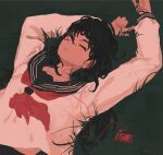  1girl black_hair blouse breasts closed_eyes digital_media_player earphones earphones grass lying messy_hair mole mole_under_eye neckerchief on_back original red_neckwear sailor_collar school_uniform serafuku sleeping small_breasts solo upper_body white_blouse xilmo 