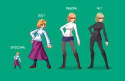  alternate_color arcueid_brunestud bigorados black_footwear black_legwear black_skirt black_sweater blonde_hair blue_skirt boots breasts brown_footwear commentary_request fighting_game green_background grey_legwear hair_intakes high_heels knee_boots light_brown_hair long_skirt medium_breasts melty_blood miniskirt multiple_girls multiple_persona pantyhose pixel_art player_2 red_eyes red_footwear short_hair skirt sweater tsukihime tsukihime_(remake) turtleneck turtleneck_sweater white_sweater 