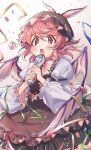  1girl absurdres blush brown_eyes confetti eighth_note eyebrows_visible_through_hair feathered_wings hat highres long_sleeves masanaga_(tsukasa) microphone music musical_note mystia_lorelei pink_hair puffy_long_sleeves puffy_sleeves ribbon singing solo touhou upper_body wings 